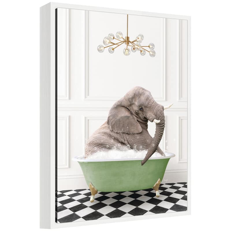 Kate and Laurel Sylvie Young Elephant in Green Bathtub Checker Floor Framed Canvas by Amy Peterson - White