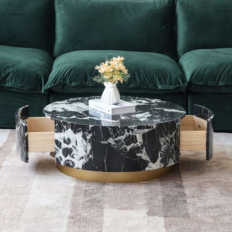 33.5 in Round Marble Top Modern Minimalist Coffee Table with Drawers - Black
