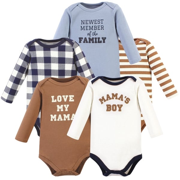 slide 1 of 1, Hudson Baby Infant Boy Cotton Long-Sleeve Bodysuits, Brown Navy Mamas Boy 5-Pack 0-3 Months - Brown Navy Mamas Boy 5-Pack