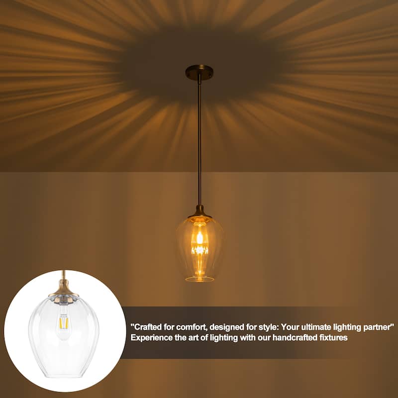 Modern Matte Brass Pendant Light Teardrop Ribbed Clear Glass Shade - Dia.9.06-in