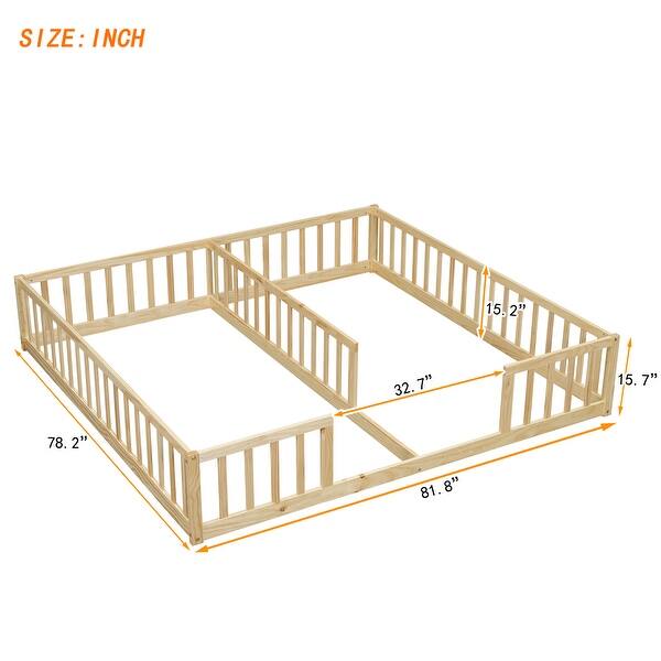 Double Twin Floor Bed with Guardrails and Shared Entry ,Sturdy Pine Wood Construction