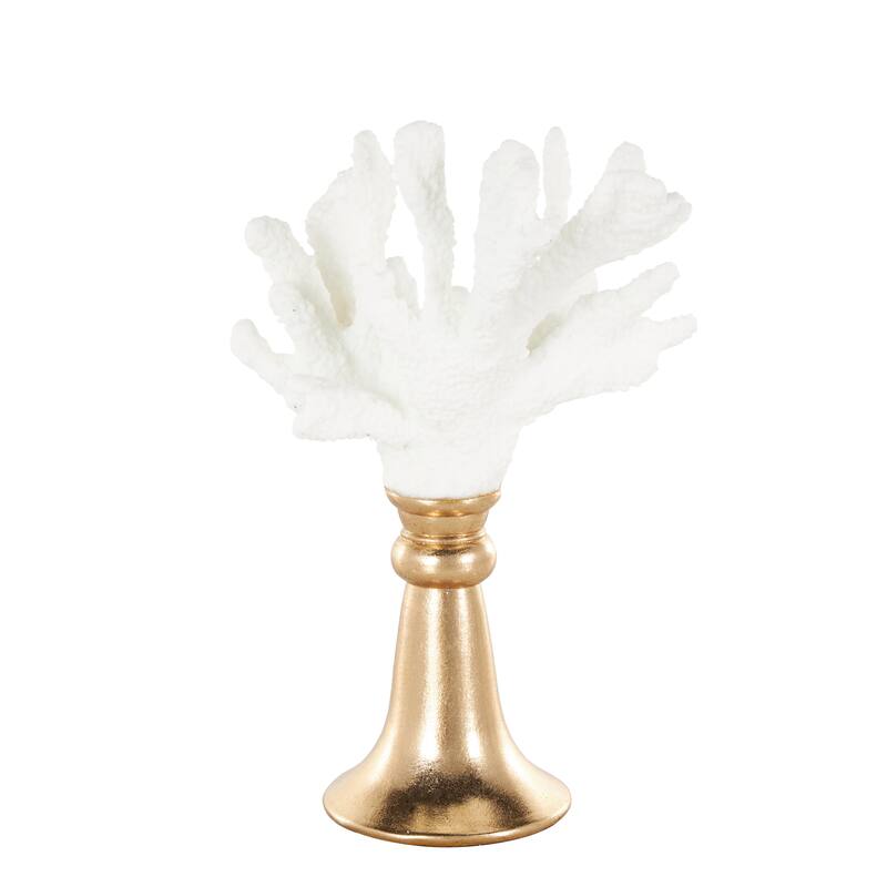 White Resin Textured Coral Decorative Sculpture with Round Copper Base