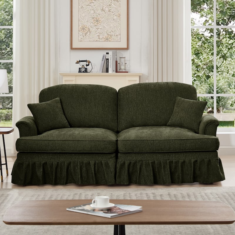 Mid-Century 2-Seat Sofa Couch with Flared Arms & Removable Ruffled Skirts, Retro Chenille Upholstered Loveseat for Living Room - Green