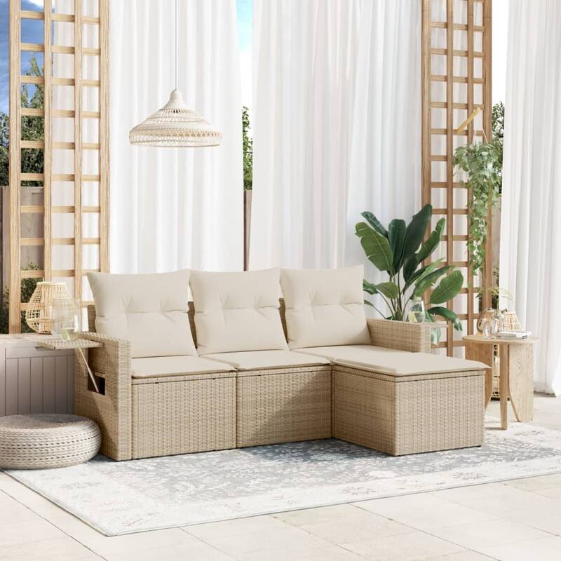 vidaXL Patio Sofa Set with Cushions Outdoor Furniture 4 Piece Poly Rattan - Beige - 24.4 x 33.5 x 27.2
