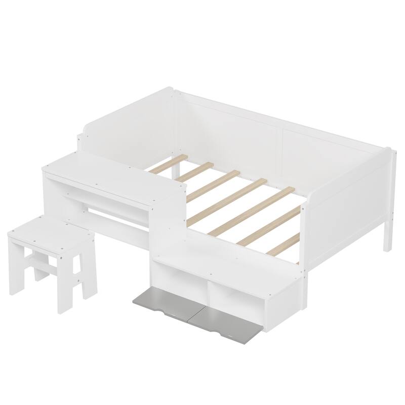 All-in-one Daybed with Built-in Study Desk and Matching Stool, Wood Panel Bed Frame with Storage Shelves and Lockers