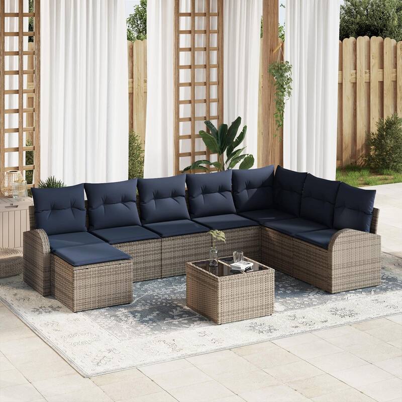 vidaXL 8/9 Garden Sofa Set with Cushions Black/Brown/Grey Poly Rattan - 113.8 x 70.5 x 27.2 - Grey with table