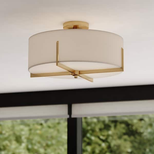 slide 2 of 14, Surrey 18-in W Natural Brass Mid-Century Modern Semi Flush Mount Ceiling Light White Linen Drum Shade Natural Brass - 18-in W x 9.75-in H x 18-in D