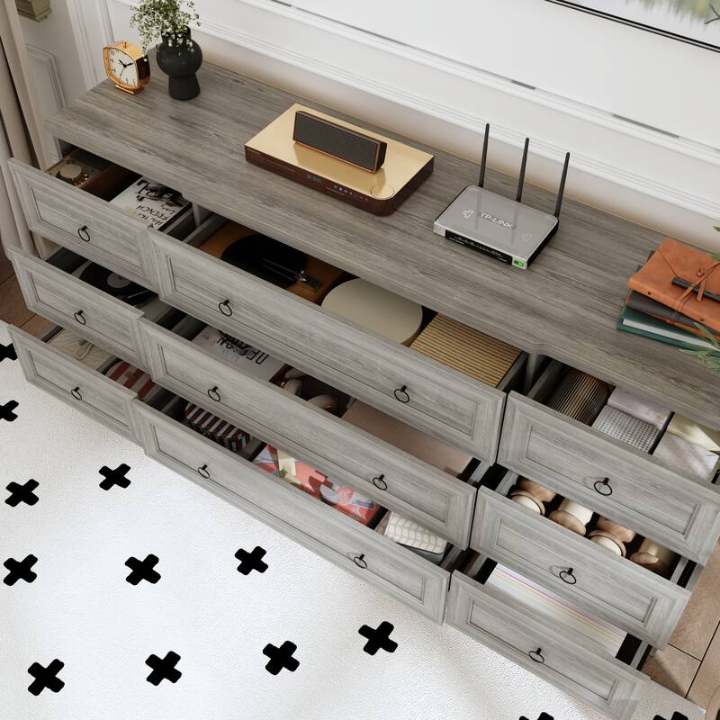 63.4" Wide 9 Drawer Dresser, Modern Light Wood Bedroom Dresser with Solid Legs for Storage