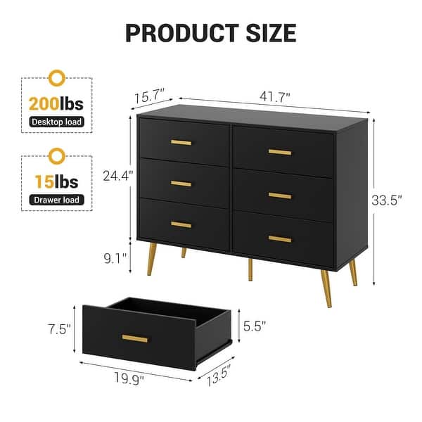 dimension image slide 1 of 2, 6 Drawer Dresser with Storage Space, Modern Wooden Dresser with Gold Handles