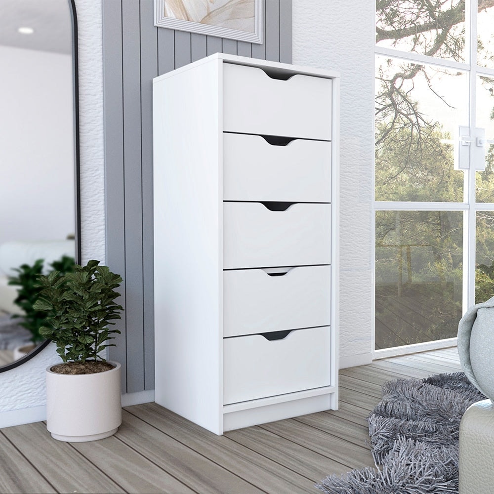 Basilea Narrow Dresser with 5 Drawers, White - On Sale - Bed Bath