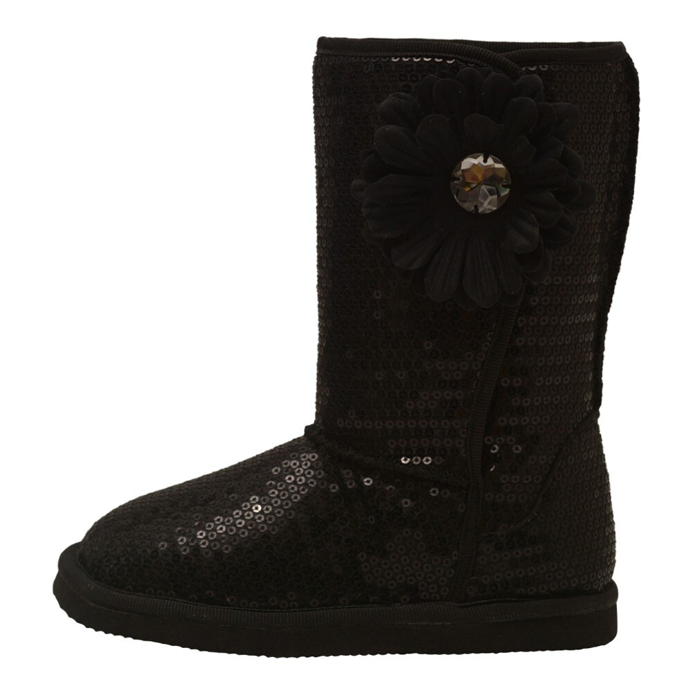 LAmour Little Girls Black Sequin Gemstone Flower Applique Boots 5-10 Toddler