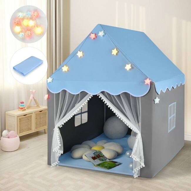 Kids Playhouse Tent with Star Lights and Mat-Blue - 41.5" x 48" x 53.5" (L x W x H)