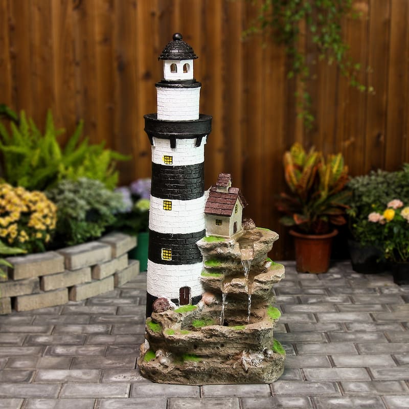 3-Tier Lighthouse Floor Waterfall Fountain with LED Lights for Outdoor Decor - Lighted