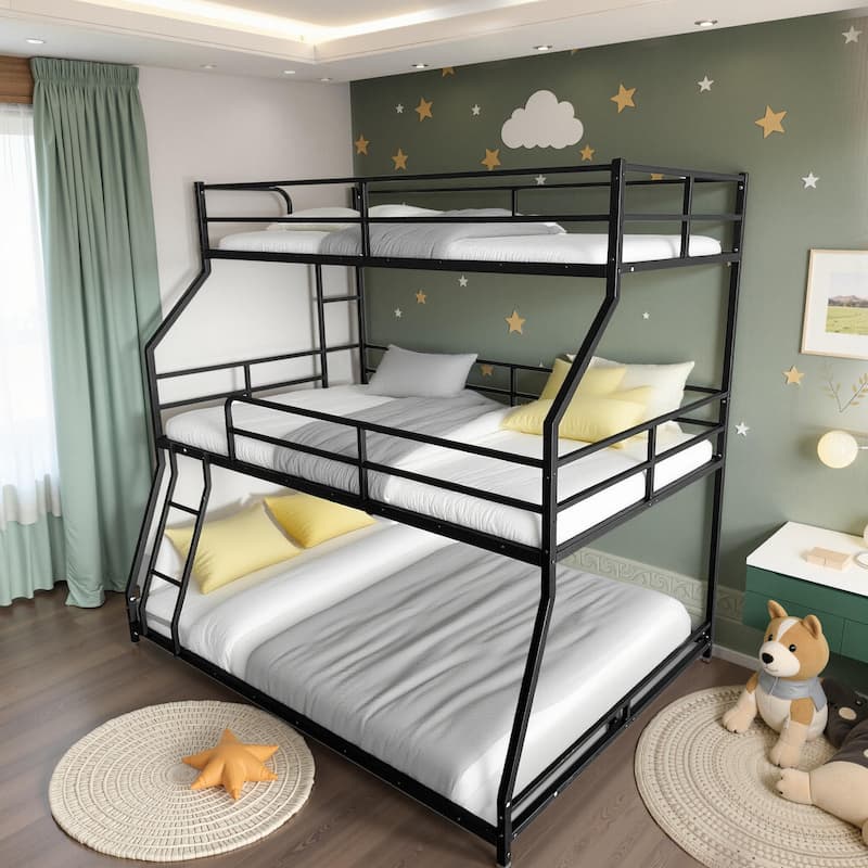Triple Bed with Long and Short Ladder & Full-Length Guardrails , Easy Assembly ,for Kid Boy Girl ,Black