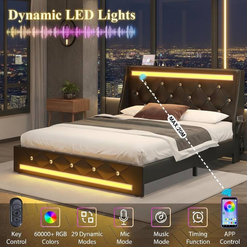 Queen Bed Frame with LED Lights, Upholstered Bed Frame with Charging Station, Platform Bed with Diamond Headboard, Wooden Slats