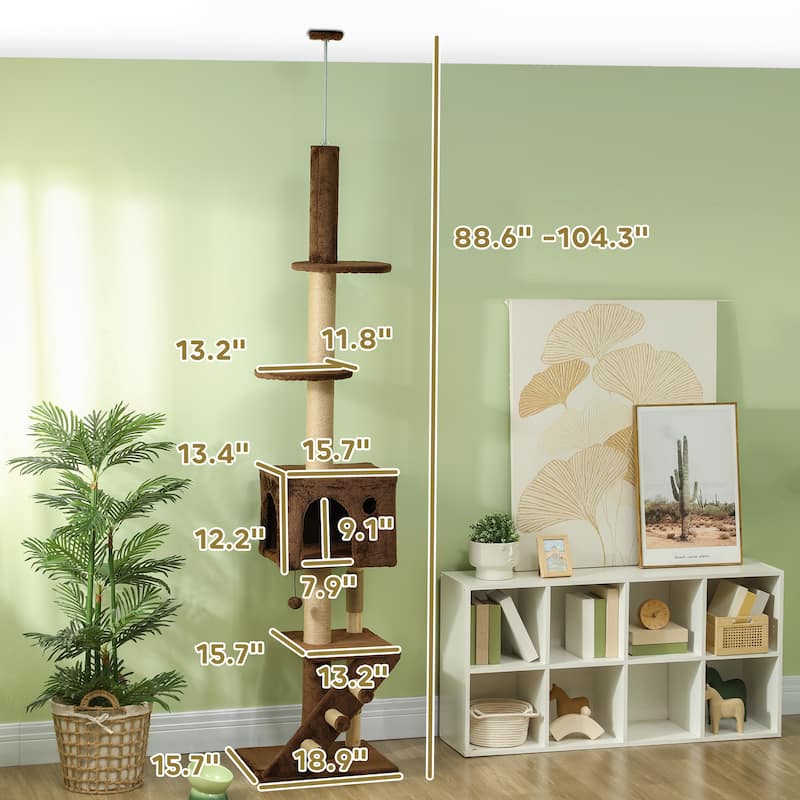 PawHut Floor to Ceiling Cat Tree Cat Tower, Adjustable Height 89"-104" with Cat Condo, Scratching Posts, Brown