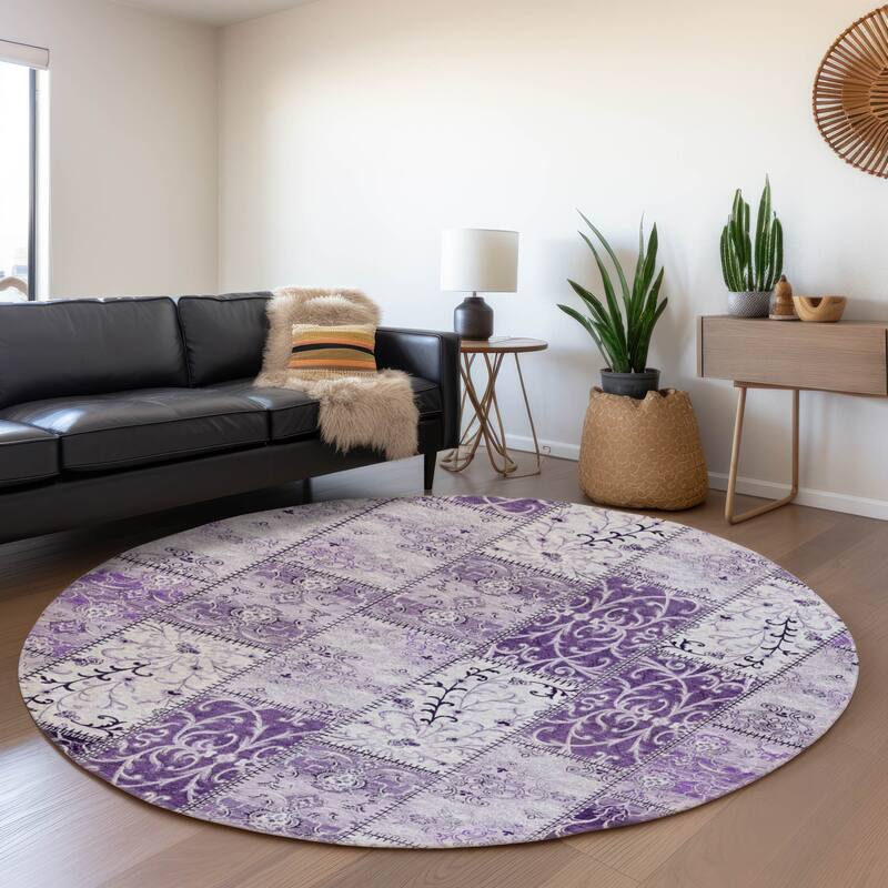 Premium Washable Super Soft Moroccan Boho Patchwork Mayfield Rug - Purple - 8' x 8' - Round