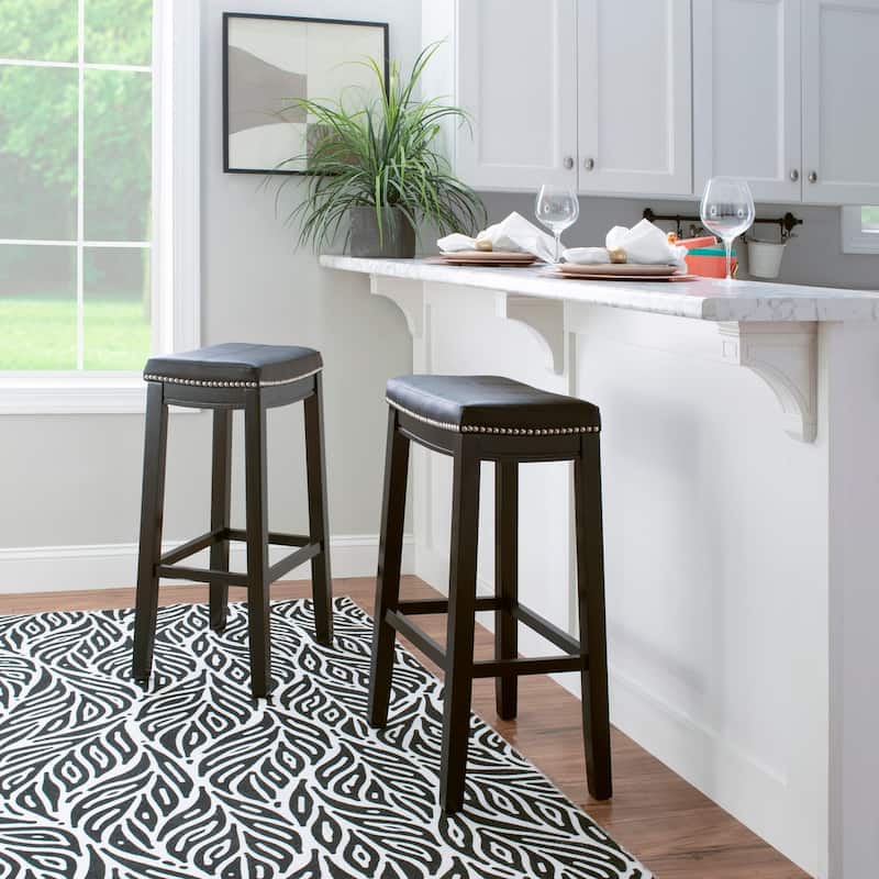 Linon Willamette Backless Barstool with Faux Leather Seat (Set of 2) - Black/Black