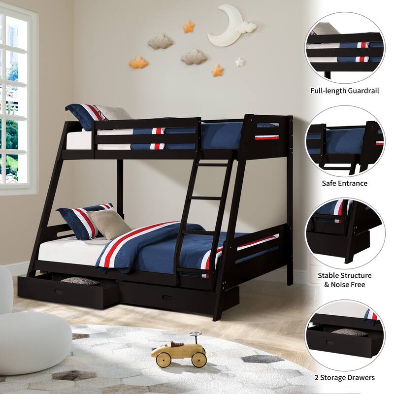 Modern Black Solid Wood Twin Bunk Bed with Storage Drawers