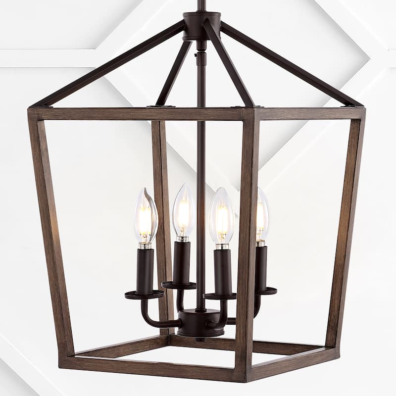 Oria Iron Farmhouse Industrial Lantern LED Pendant, Oil Rubbed Bronze/Faux Wood by JONATHAN Y