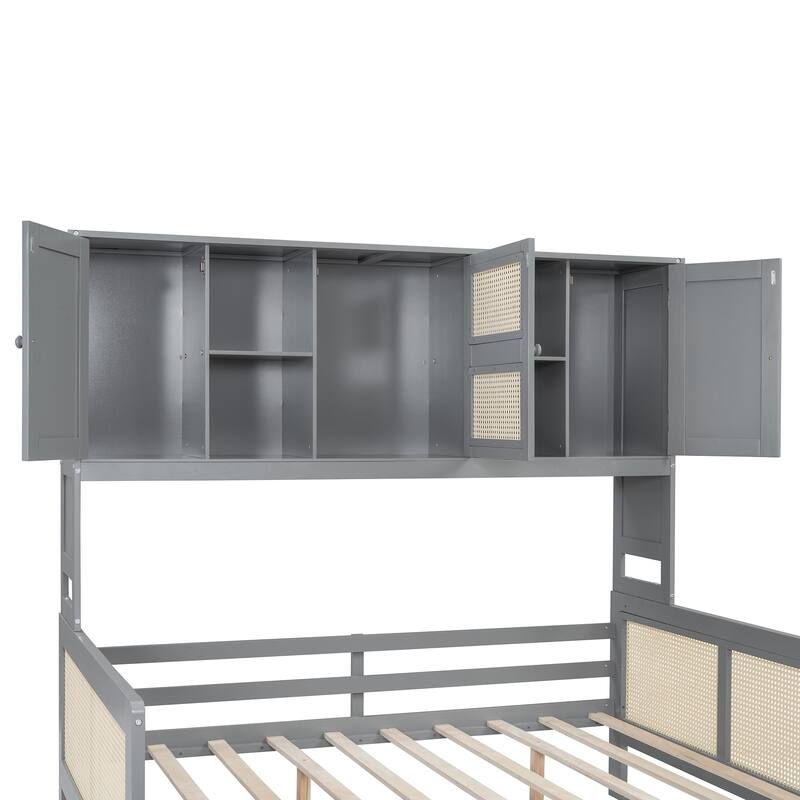 Wood Full Size Daybed with Built-In Storage Cabinet, Shelves & Twin Trundle, Rattan Accent, No Box Spring Needed