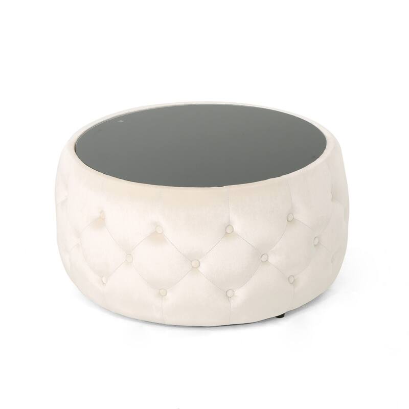Ottoman Coffee Table, Beige Tufted Velvet, 30 Inch Round Glass Top