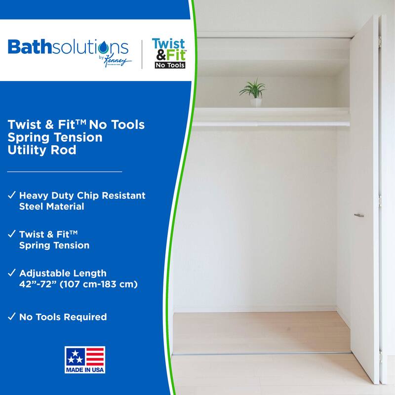 Kenney Twist & Fit No Tools Spring Tension Utility Closet or Shower Curtain Rod, 42-72"