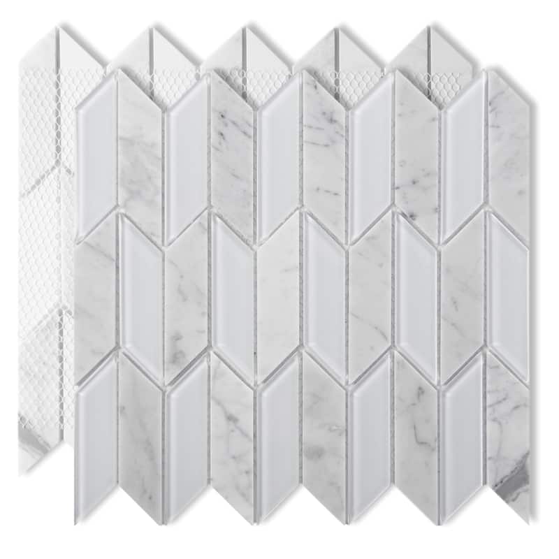Art3d 11.8''x11.2'' Herringbone Glass Mosaic Wall Tile in White,Pack of 5