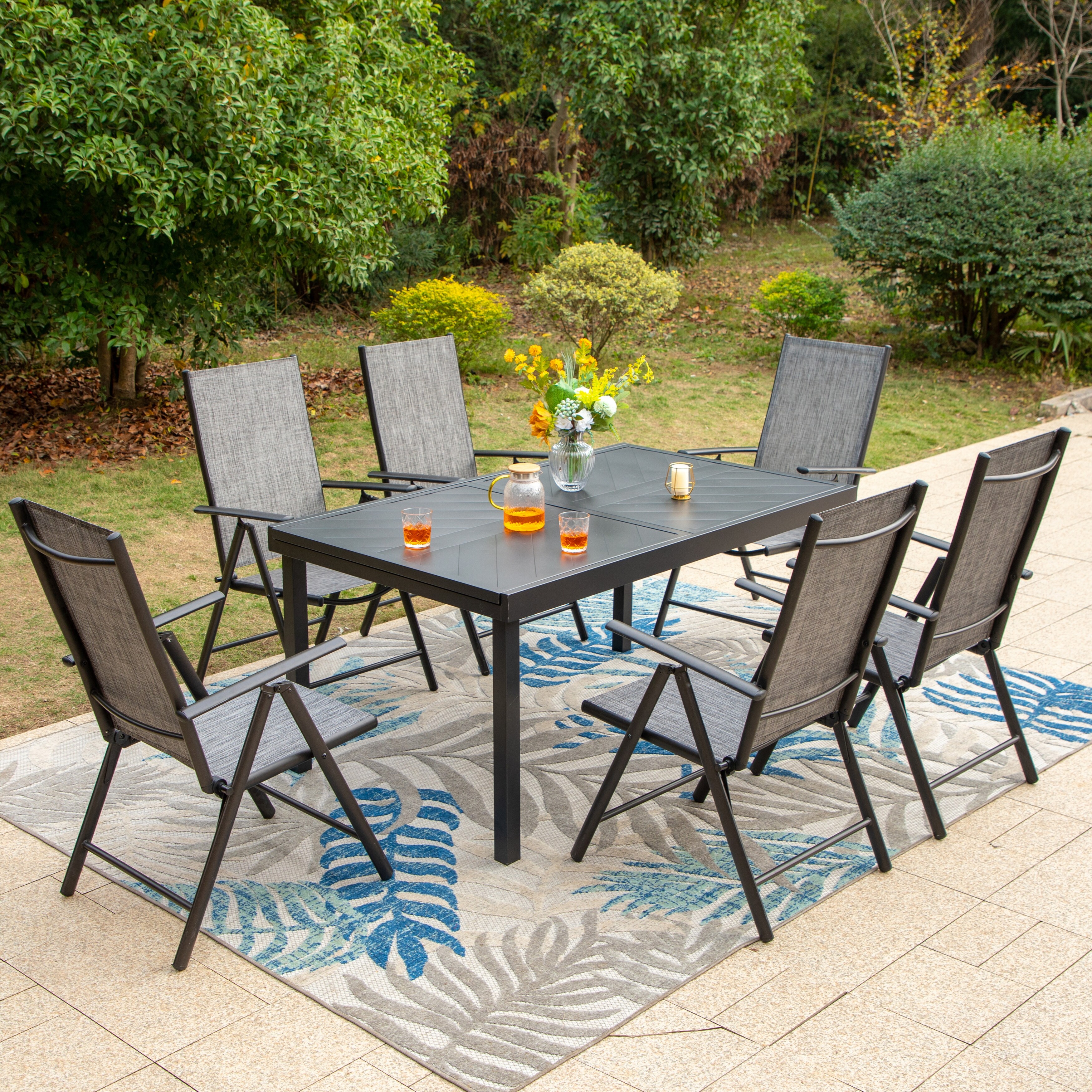 Outdoor 7 Pieces Dining Set 6 x Reclining Folding Sling Dining Chairs and 1 Patio Extendable Table for 6 8 Person 7 pieces