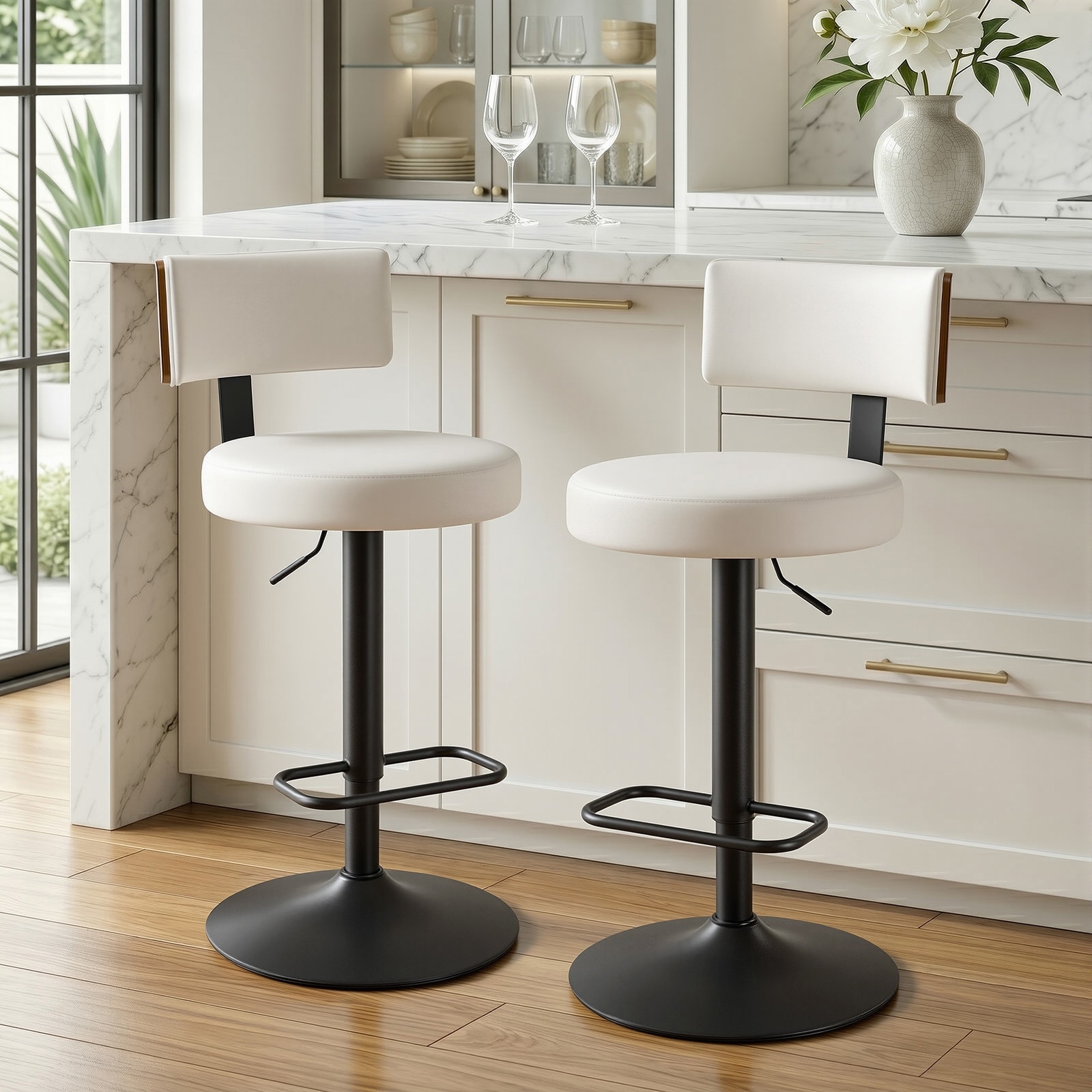 Adjustable Swivel Bar Stools, Upholstered Counter Height Bar Stools Sitting Height 25"-33.3" - W 17.7"×D 20.9"×H 34.7-42.9"