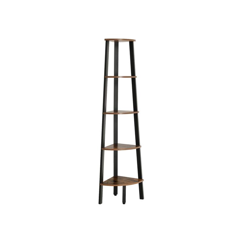 Industrial Corner Shelf, 5-Tier Bookshelf, Plant Stand, Wood Look Accent Furniture with Metal Frame, Rustic Brown