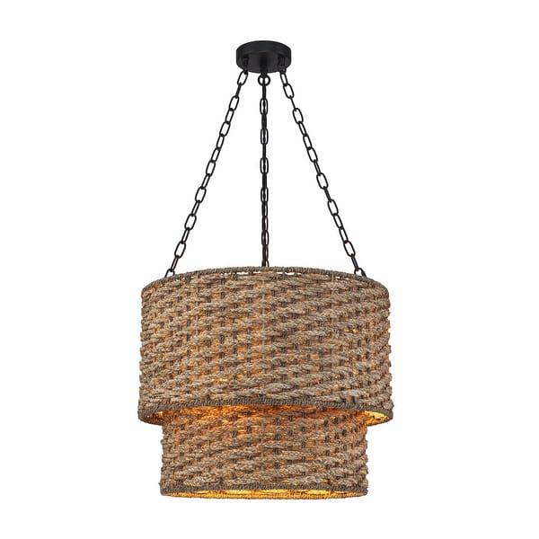 slide 2 of 9, Tierra 4-Light Matte Black 2-Tiered Hand Woven Natural Rattan Chandelier Modern Ceiling Light - 20 Wide 20 Wide - Beige