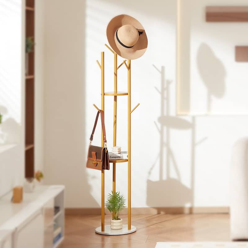 9-Hook Freestanding Coat Rack Stand with Gold Finish and Quartz Base for Living room or Bedroom - 13.4” x 13.4” x 66.93”