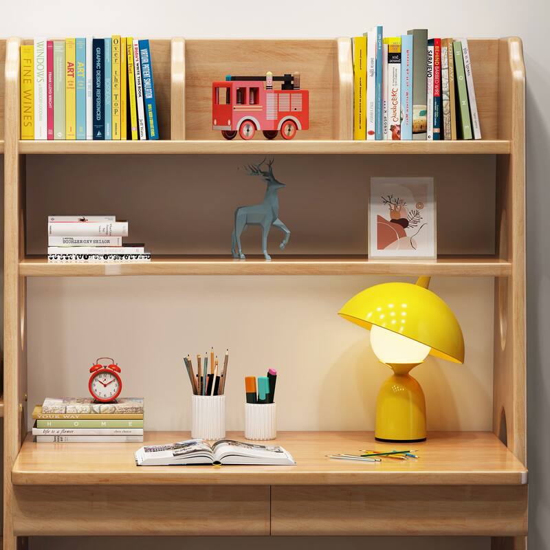 Natural Wood 2-Drawer Kids Desk with Hutch