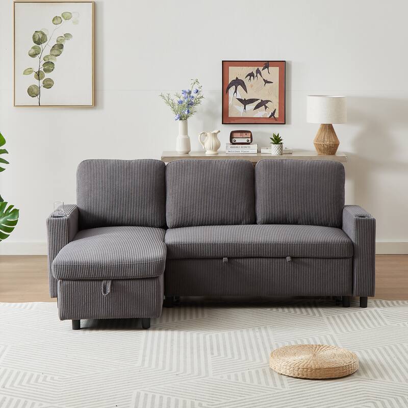 L-Shaped Corduroy Sofa Bed with Pull-Out Sleeper, Reversible Design