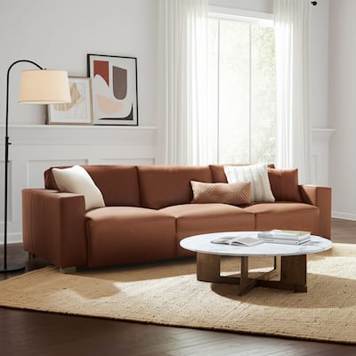 Fabric Wood Sofa with Wide Track Arms Modern Design - 30" Tan - 112" x 39" x 30"