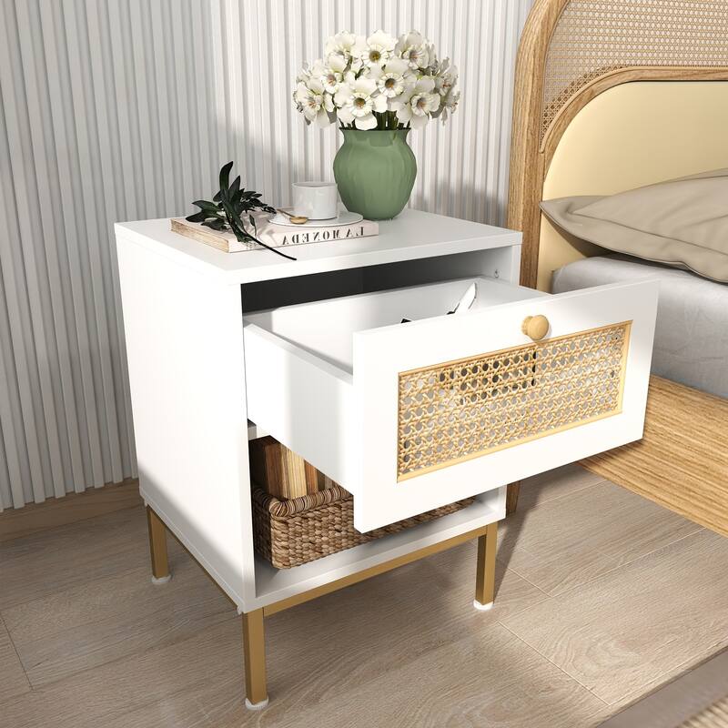 Rattan End Table/ Nightstand with Drawer, Farmhouse Boho Bed Side Table