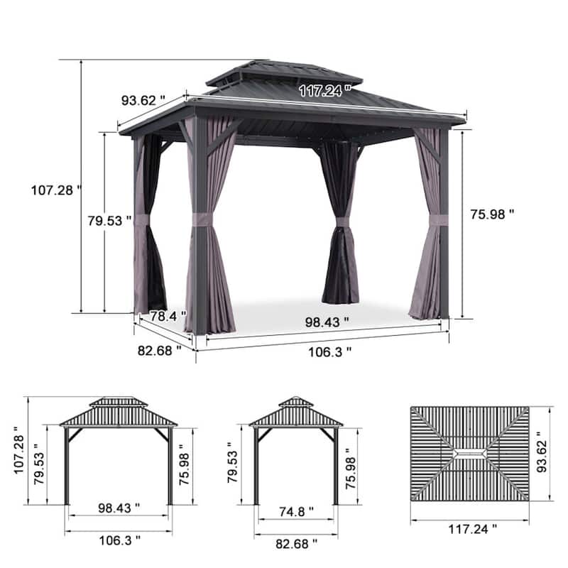 PURPLE LEAF Gazebo Outdoor Gazebo with Dual-Layer Galvanized Steel Double Roof Aluminum Gazebo with Netting and Curtains Grey