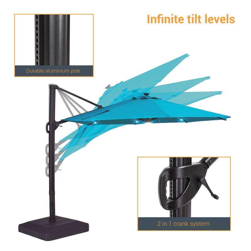 LIVOOSUN 11Ft LED Patio Hanging Octagon Cantilever Umbrella with 360-degree Rotating Canopy