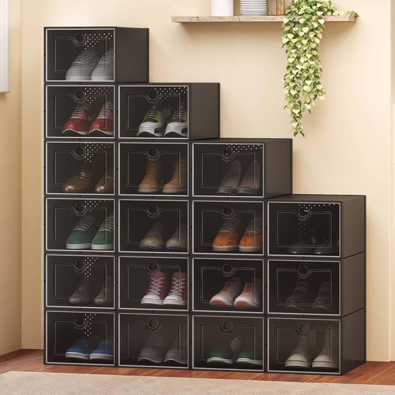 Moasis Shoe Organizer Box, 18/24 PCS Medium/ Large Shoe Storage Stackable Shoe Box Rack Containers Drawers - 18PSC-Medium-Black