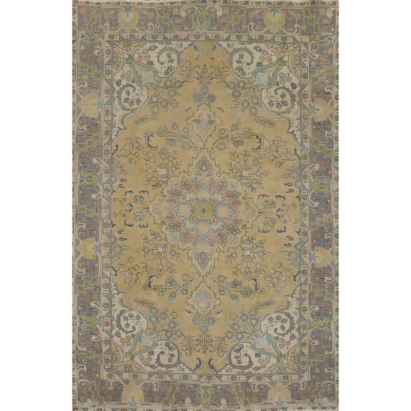 Hand Knotted Oriental 100% Wool Carpet Traditional Floral Yellow & Gold Tabriz Area Rug - 9' 4'' X 6' 7''