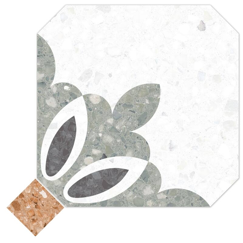 Merola Tile Riviera Octagon Verde with Taco Rojizo 7-7/8" x 7-7/8" Porcelain Floor and Wall Tile