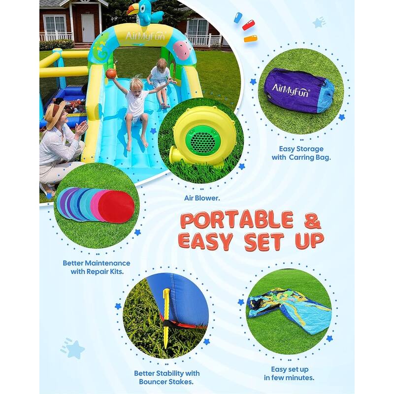 Bounce House with Blower, Inflatable Jump Bouncy Castle for Kids, with Wide Slide, Ball Pool for Backyard Play & Party Fun