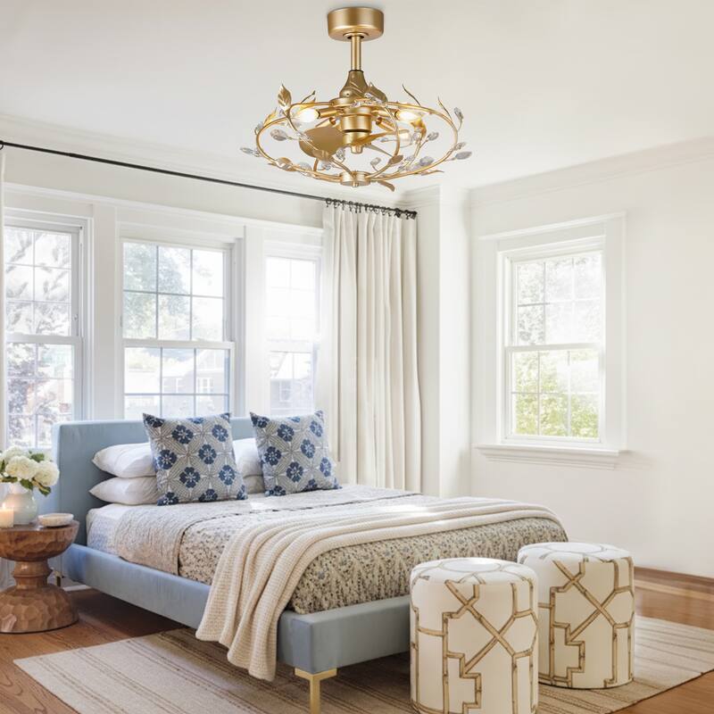 24" Modern Gold Crystal Dimmable Bladeless Ceiling Fan with Light Kit and Remote