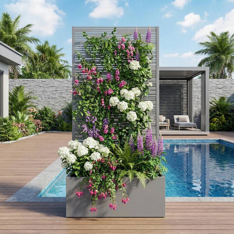 Metal Galvanized Planter Box with Trellis Privacy Screen Lockable Wheels