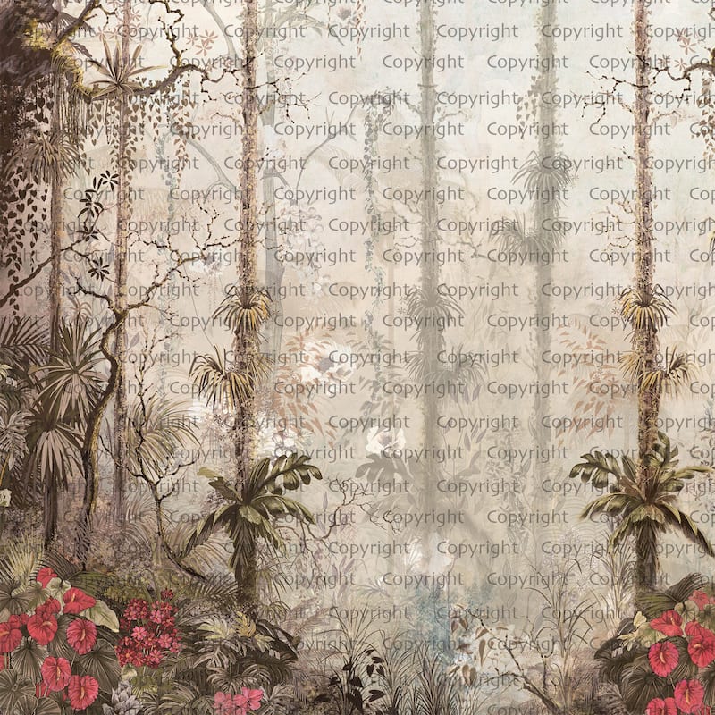 Mystical Tropical Rainforest Floral Wallpaper Mural - Brown - W:204" x H:110"