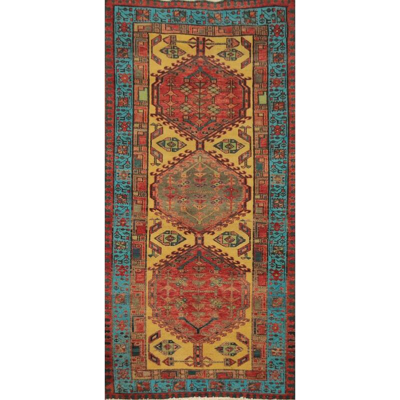 Hand Knotted Oriental 100% Wool Carpet Traditional Geometric Yellow & Gold Ardebil Runner Rug - 7' 1'' X 3' 2''