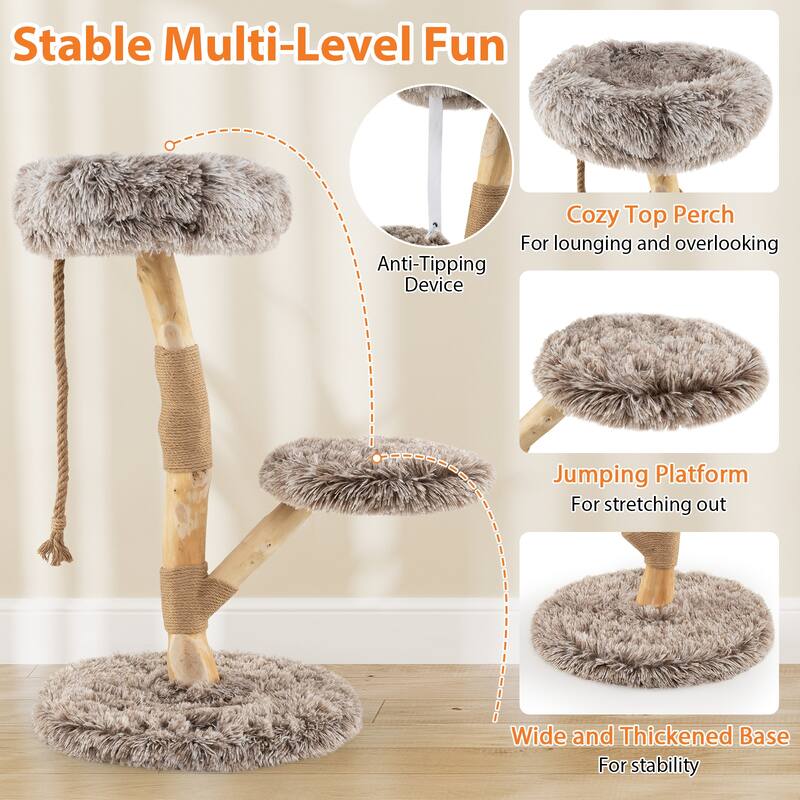 Natural Pear Wood Cat Tree with Plush Tower and Multi-Level Platform Jute Scratching Posts