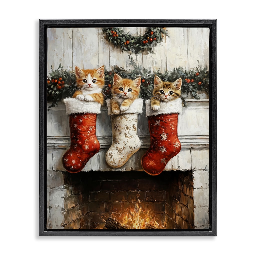 Stupell Christmas Kittens in Stockings Framed Floater Canvas Wall Art Design By Arlington Prints