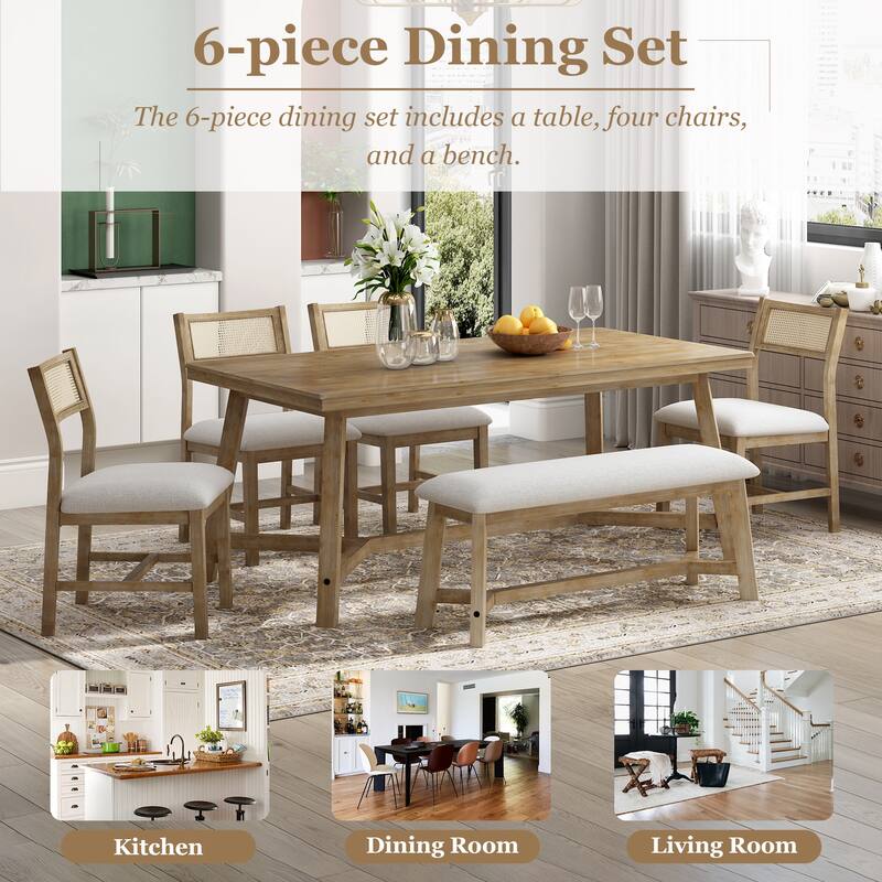 6-piece Retro Farmhouse Style Dining Set, Rectangular Table and 4 Upholstered Chairs with Rattan and Bench
